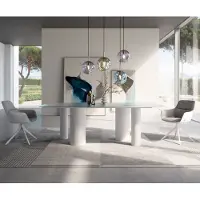 DELIFE Table à manger Edge Boot 240x120 verre en relief Perlmutt 3D-Design Pilier métal blanc