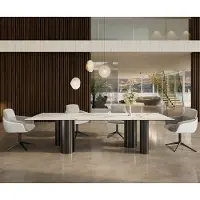DELIFE Table à manger Edge 300x100 Céramique Calacatta Luxe Blanc-Doré-Gris Pilier Acier inoxydable Graphite