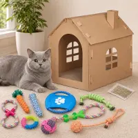 Northio Kit de démarrage pour jeux d'animaux (2 pièces) – Maison-grattoir en carton pour chat et lot de 10 jouets pour chien