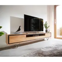 DELIFE Meuble -TV Stonegrace 240 cm acacia nature 2 portes 1 compartiment 2 tiroirs placage en pierre pieds en V