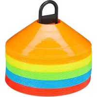 Relaxdays Lot de 50 cônes de signalisation , 5 couleurs, cônes d'entraînement pour le football et le handball, avec support, cônes de sport, multicolores
