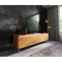 DELIFE Meuble-TV Shavani 200 cm Acacia naturel 4 portes Pieds ronds Acier inoxydable Argent