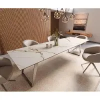 DELIFE Table à manger Edge 300x100 céramique Calacatta Luxe blanc-doré-gris acier inoxydable incliné