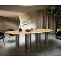 DELIFE Table à manger Edge ovalee 280x130x2,5 chêne naturee Pilier acier inoxydable brossé Flow-Edge