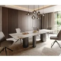 DELIFE Table à manger Edge 300x100 Céramique Minas Melange Blanc-Beige Troa Acier inoxydable Graphite