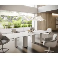 DELIFE Table à manger Edge 300x100 Céramique LaminamStatuarietto Blanc Pilier Métal Blanc