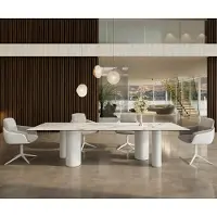 DELIFE Table à manger Edge 300x100 Céramique Calacatta Luxe Blanc-Doré-Gris Pilier Métal Blanc