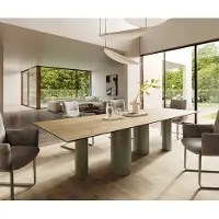 DELIFE Table à manger Edge 300x100 Céramique Laminam Sabbia Couleur chêne Pilier Métal finition à effet Titane