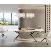 DELIFE Table à manger Edge Ovale 280x130 Céramique Minas Melange Blanc-Beige Zenthara anguleux Métal finition à effet Titane