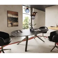 DELIFE Table à manger Edge Ovale 220x120 Laminam Céramique Nero Greco Anthracite Zenthara anguleux Métal finition à effet Titane