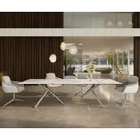 DELIFE Table à manger Edge 300x100 Céramique Calacatta Luxe Blanc-Doré-Gris Estelar rond Acier inoxydable
