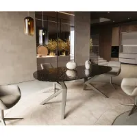 DELIFE Table à manger Edge Ovale 220x120 Reliefglas RauchNoir 3D-Design Zenthara anguleux Métal finition à effet Titane