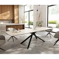 DELIFE Table à manger Edge 300x100 cm Céramique LaminamTravertino Bianco Creme-Blanc piètement en croix Rectangle Noir