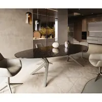 DELIFE Table à manger Edge Ovale 280x130 Reliefglas RauchNoir 3D-Design Zenthara anguleux Métal finition à effet Titane