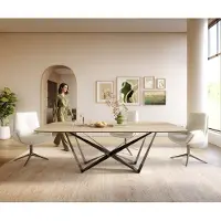 DELIFE Table à manger Edge Boot 240x120 cm Céramique Laminam Sabbia Eichefarbig Spider Flachstahl Acier inoxydable Graphite