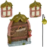 Relaxdays Porte des lutins, lot de 4 pièces, 2 fenêtres de lutins, 1 lampe de lutin, décoration de jardin résistante aux intempéries, porte de lutin, pierre artificielle, colorée