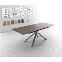 DELIFE Table-à-manger Edge 180-220x90cm verre Antique-marron pieds milieu croisé argent
