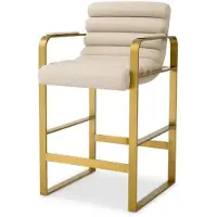 Casa Padrino Chaise de bar de luxe avec accoudoirs Sable / Laiton 53,5 x 57 x H. 96,5 cm - Tabouret de bar rembourré en acier inoxydable - Meubles de bar - Meubles de luxe - Qualité de luxe