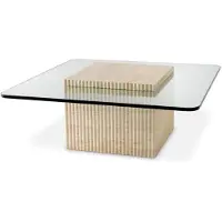 Casa Padrino Luxe Table basse en travertin Beige 90 x 90 x H. 35 cm - Table de salon carrée en pierre naturelle avec plateau en verre - Meubles de salon - Meubles de luxe - Ameublement de luxe