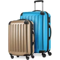 Hauptstadtkoffer Alex - Lot de 2 bagages à main + valise moyenne, set de valises de réserve Trolleys coque dure polycarbonate brillant,bleu cyan-champagne