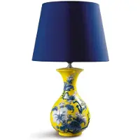 Casa Padrino Lampe de table , modèle "Spatzen & Blumen" (oiseaux et fleurs), en porcelaine, jaune, bleu et blanc. Dimensions : diamètre 30 cm, hauteur 51 cm
