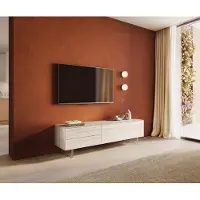 DELIFE Meuble-TV Cuor 180 cm Céramique Laminam Travertino Bianco Crème-blanc 1 Clapet 2 Tiroirs Pied optique flottant Verre acrylique