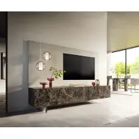 DELIFE Meuble-TV Cuor 220 cm Céramique Emperador Extra Lucidato brun foncé 1 Clapet 2 Tiroirs Pied optique flottant Verre acrylique