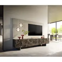 DELIFE Meuble-TV Cuor 220 cm Céramique Emperador Extra Lucidato brun foncé 1 Clapet 2 Tiroirs Pied optique flottant Ancier inoxydable