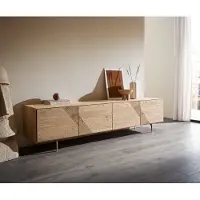 DELIFE Meuble-TV Tereos 220 cm, chêne naturel, effet 3D, 4 portes, pieds en angle, acier inoxydable brossé