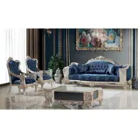 Casa Padrino Luxe Salon Baroque Ensemble Bleu / Crème / Cuivre / Or - 2 Canapés & 2 Fauteuils & 1 Table Basse - Meubles de Salon Baroques faits main - Nobles & Somptueux