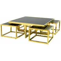 Casa Padrino Table basse design Art Déco de luxe , ensemble de 5 pièces, finition or avec plateau en verre noir, dimensions : 100 x 100 x 40 cm / 48 x 48 x 33 cm