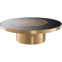 Casa Padrino Luxe Table basse laiton / noir / marron Ø 120 x H. 34 cm - Table de salon ronde en acier inoxydable avec rondelle de bois de Suar - Meubles de luxe