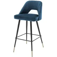Casa Padrino , tabouret de bar de luxe, bleu/noir, 50 x 50 x H. 100 cm - Tabouret de bar avec dossier et détails en laiton
