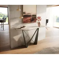DELIFE Console Edge Polygonal 140x50 cm Céramique Minas Melange Weiß-Beige Spios Métal Effektfinish Titan