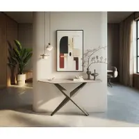 DELIFE Console Edge Polygonal 140x50 cm Céramique Laminam Travertino Bianco Creme-Weiß Zentharo Métal Effektfinish Titan