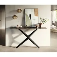 DELIFE Console Edge forme bateau 140x40 cm Céramique Emperador Extra Lucidato Dunkelbraun Estelo Métal Noir