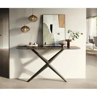 DELIFE Console Edge forme bateau 140x40 cm Céramique Emperador Extra Lucidato Dunkelbraun Estelo Métal Effektfinish Titan