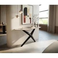 DELIFE Console Edge Polygonal 140x50 cm Céramique Laminam Travertino Bianco Creme-Weiß Zentharo Métal Noir