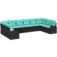 vidaXL Ensemble de canapé de jardin avec coussins, 10 pièces, noir et turquoise, en polyrotin