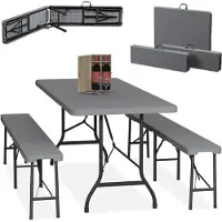 Relaxdays Ensemble de salon de jardin pliable , ensemble de 3 pièces comprenant un grand banc et une grande table, pour le jardin, 180 cm, gris