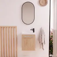 MOB-IN Ensemble lave-mains suspendu avec poignée métal, robinet noir et miroir ovale noir