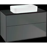 Villeroy & Boch Finion meuble sous lavabo, 2 tiroirs, avec éclairage, lavabo au centre, sans trou pour robinet, 1000x603x501mm, Glass Black Matt, G64200GK