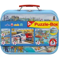Schmidt Puzzlebox moyens de transport 4 puzzles pour enfants dans un coffret métallique 2x26 et 2x48 pièces