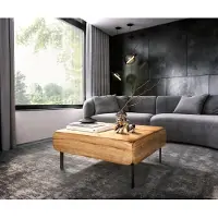 DELIFE Table-basse Shavani 90 x 90 cm, acacia naturel, 2 portes, pieds en L, métal noir