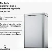 Klarstein Poubelle à capteur sans contact 60 L - poubelle en acier inoxydable, soft-close, poubelle de cuisine avec détecteur de mouvement