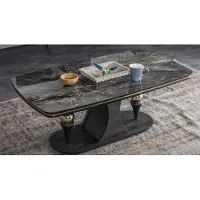 Casa Padrino Luxe Table basse Art Déco Noir / Gris / Laiton 120 x 70 x H. 46 cm - Table de salon rectangulaire avec plateau en verre imitation marbre - Meubles