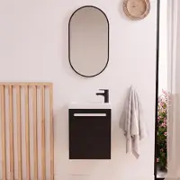 MOB-IN Ensemble lave-mains suspendu avec poignée métal, robinet noir et miroir ovale noir