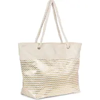 StyleBREAKER Sac de plage XXL avec motif zigzag métallisé | Grand sac à bandoulière pour femme avec anses en cordon et fermeture à glissière | Sac cabas 58,5 x 36,5 x 16 cm