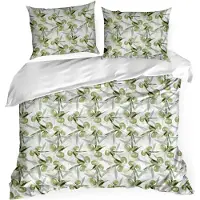 Eurofirany | Ensemble de housse de couette - Parure de lit - Linge de lit - 160 x 200 cm - blanc - vert - Taie d'oreiller - Motif de feuilles - En coton