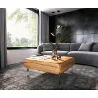 DELIFE Table-basse Shavani 90x90 cm Acacia naturel 2 portes Pied en L Acier inoxydable argenté